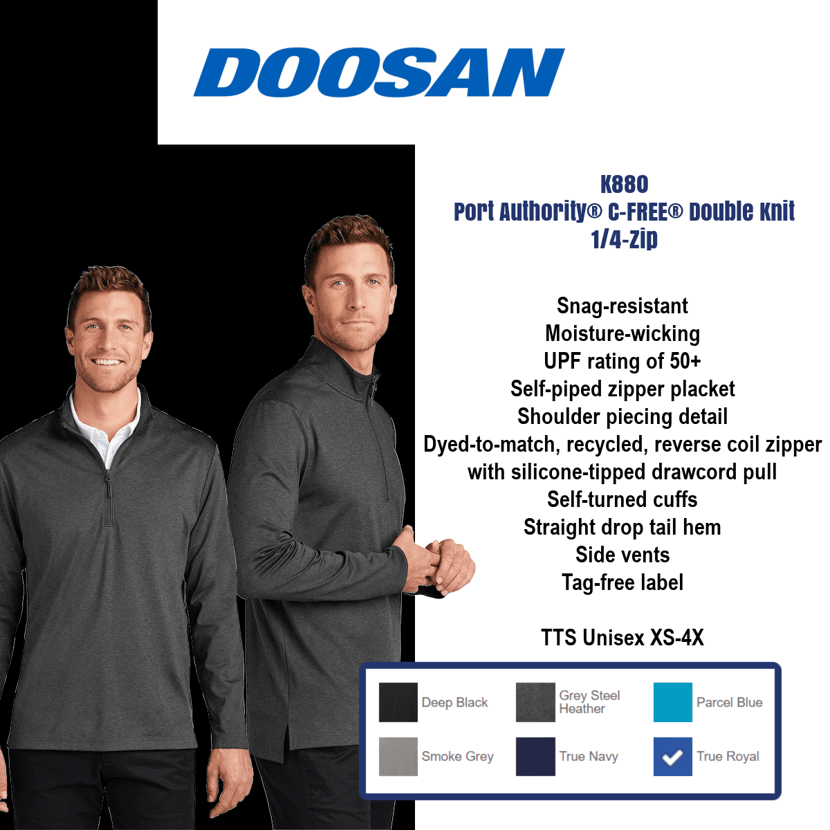 Doosan branded black quarter-zip pullover clothing.