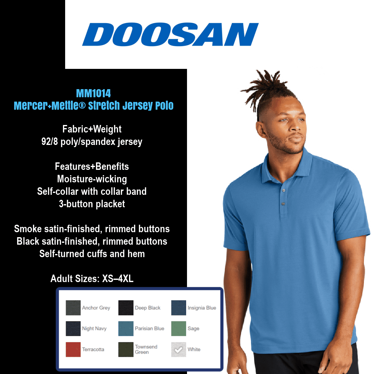 Man modeling blue Doosan polo shirt.