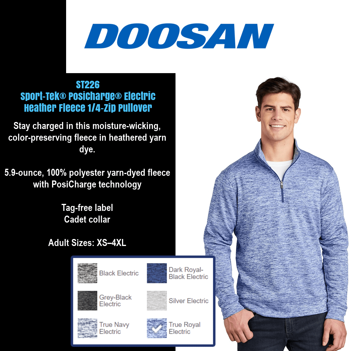 Man modeling blue quarter-zip fleece pullover.