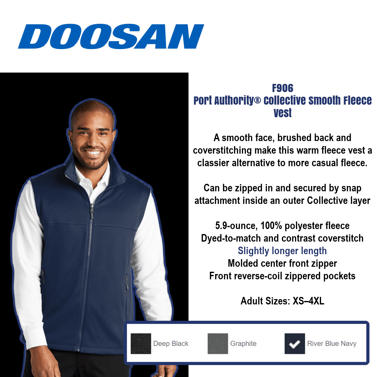 Man wearing blue fleece vest, Doosan logo visible.