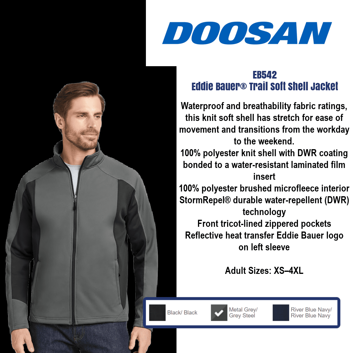 Man wearing gray soft shell jacket.