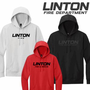Linton Fire Department hoodies in three colors.