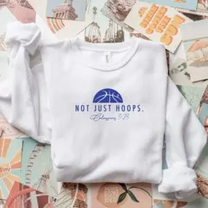 White sweatshirt with Not Just Hoops logo