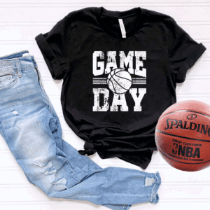 Black t-shirt, jeans, Spalding basketball on floor.
