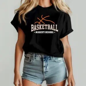 Woman wearing basketball-themed black t-shirt.