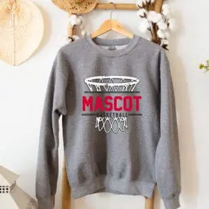 Gray sweatshirt with basketball hoop design.