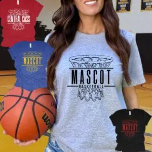 Woman wearing basketball-themed graphic T-shirt.