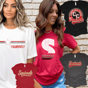 Two women modeling Squirrels graphic t-shirts