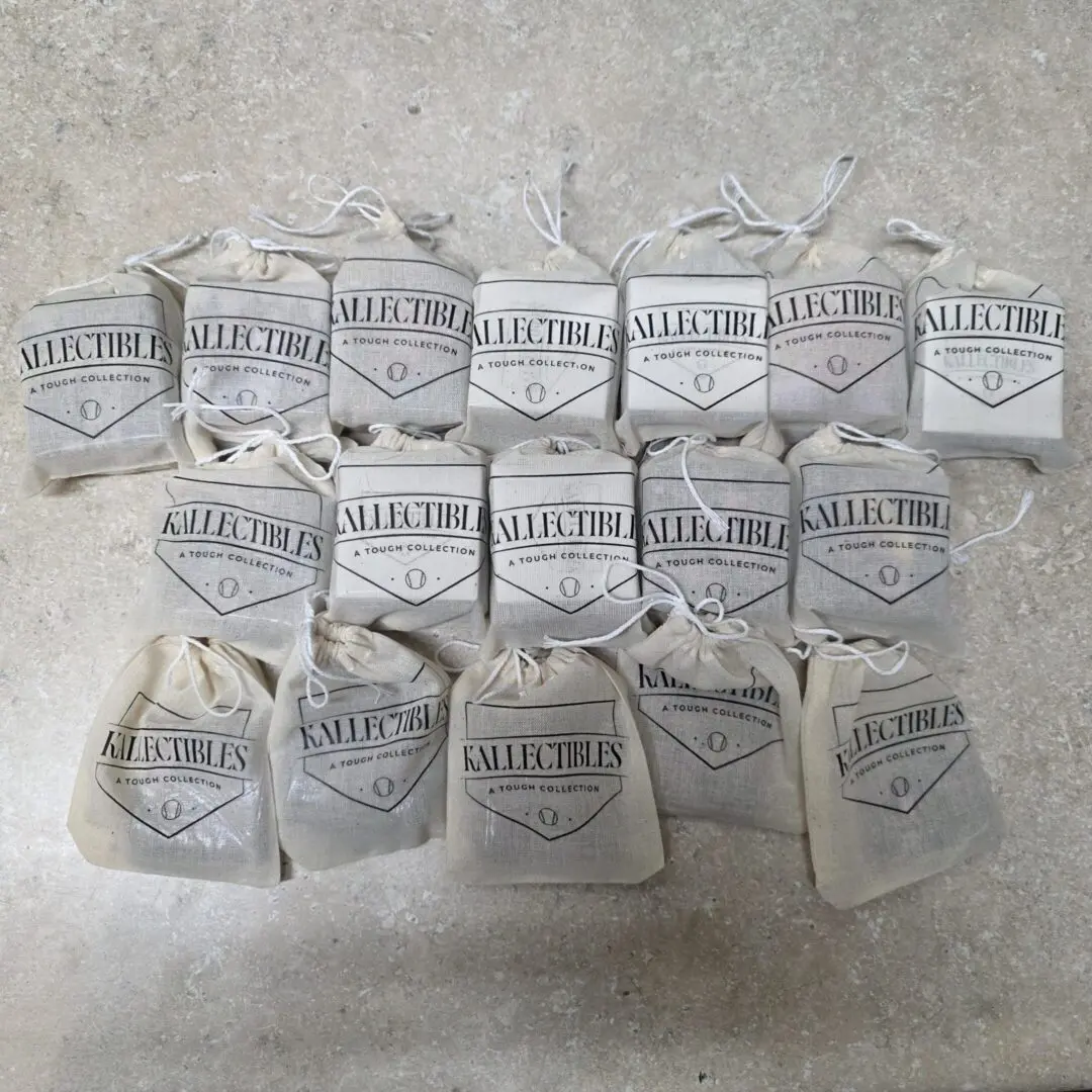 Labeled linen drawstring pouches on countertop