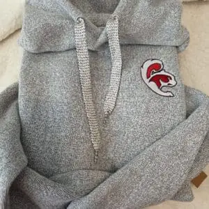 Heather gray hoodie with red fox patch