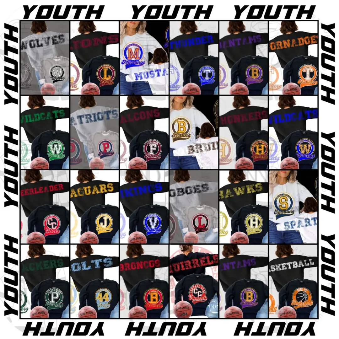 Grid of youth sports jerseys and logos