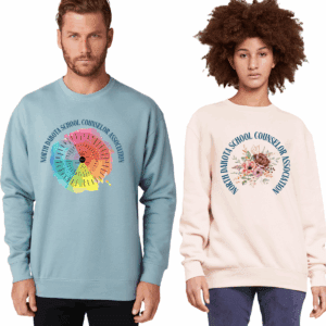 Two models wearing North Dakota counselor sweatshirts