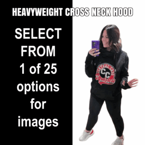 Smiling woman in heavyweight cross-neck hoodie