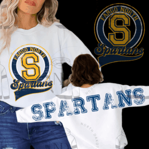 White sweatshirt with Fargo North Spartans logo