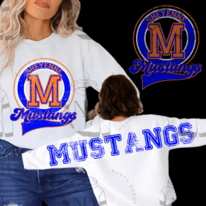 White sweatshirt with Sheyenne Mustangs logo