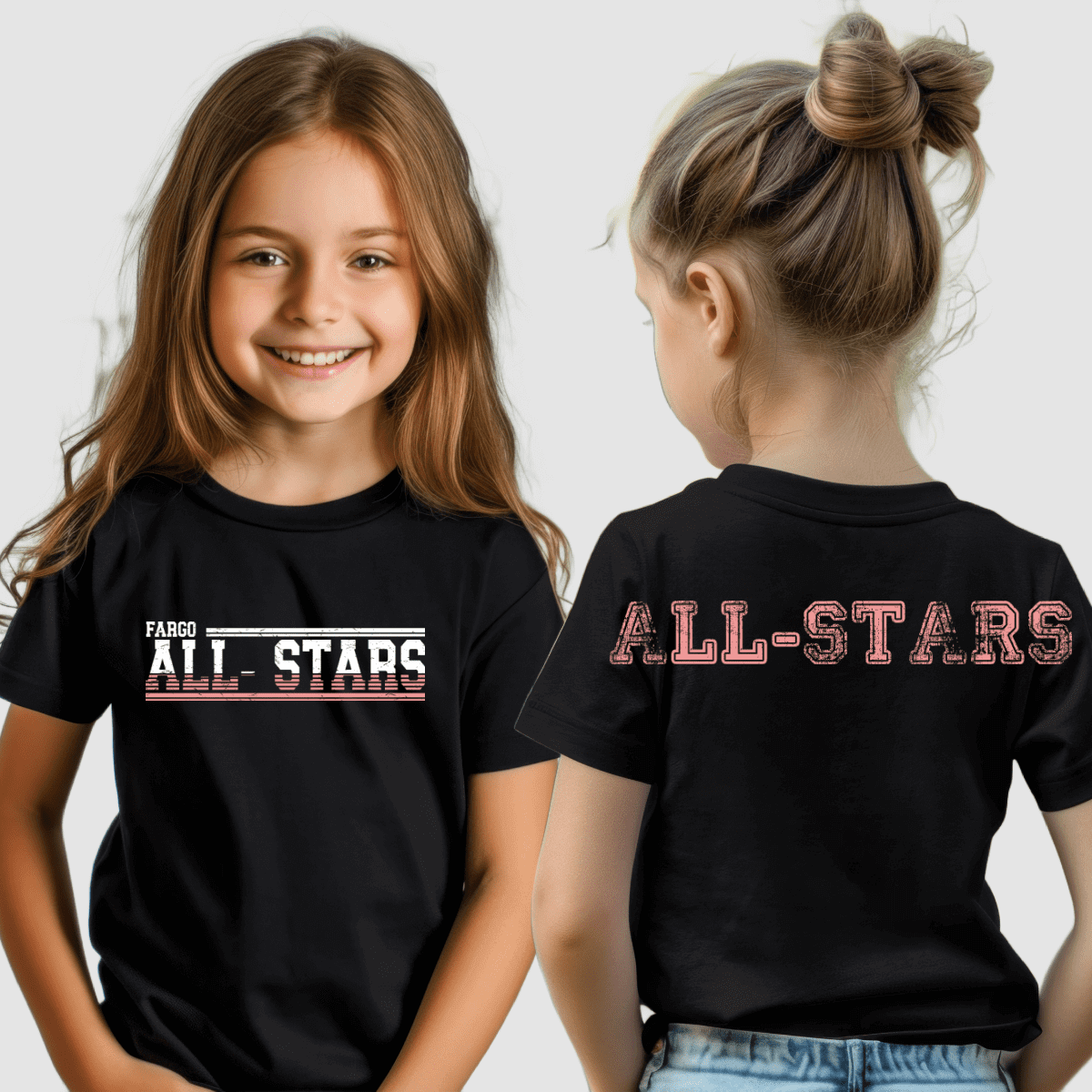 Smiling girl and back view All-Stars tee