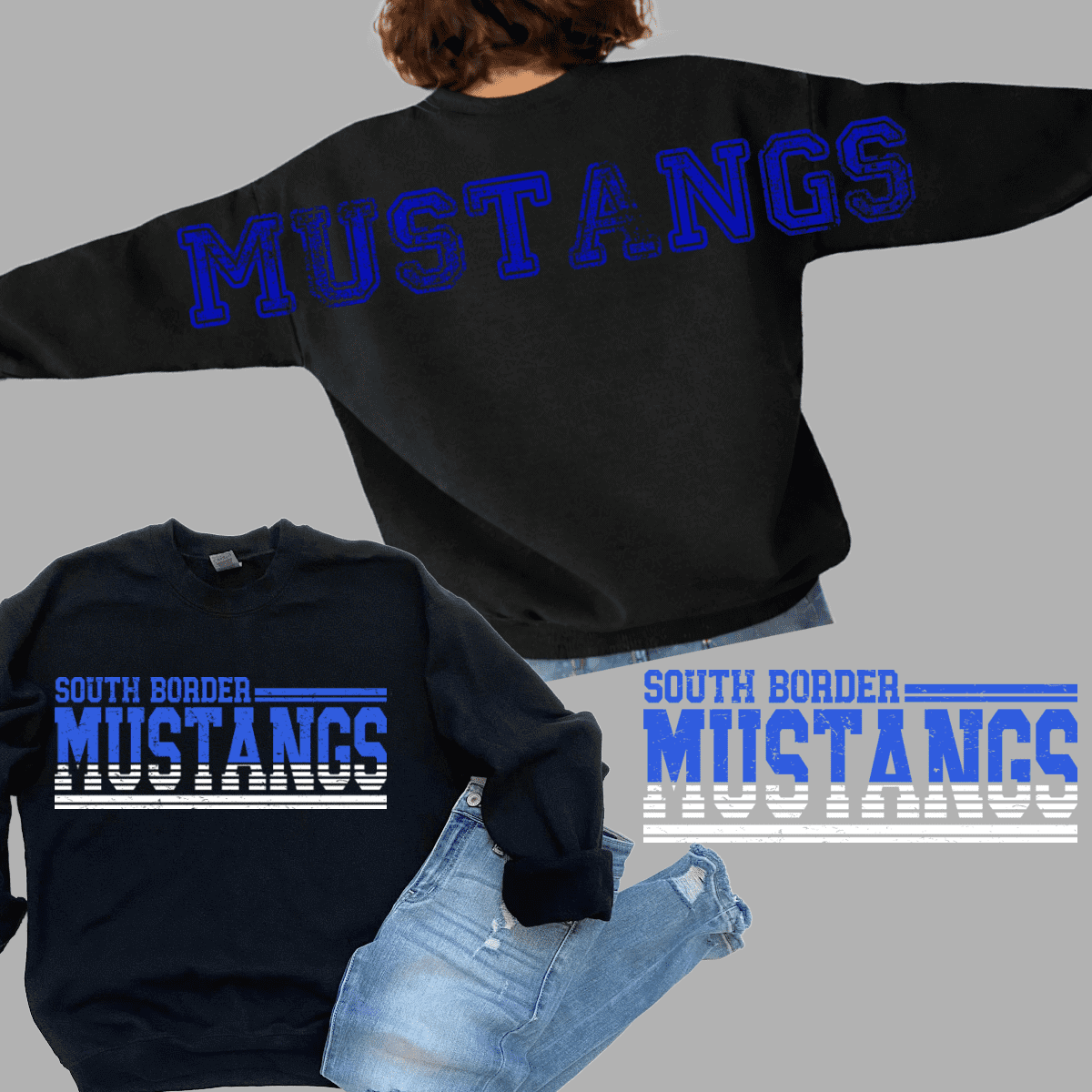 South Border Mustangs black sweatshirt and jeans