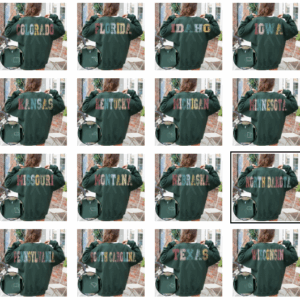 Collage of green jackets showing U.S. state names