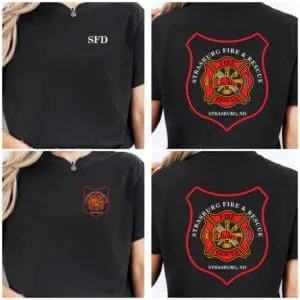 Black tee showing SFD front and rescue emblem
