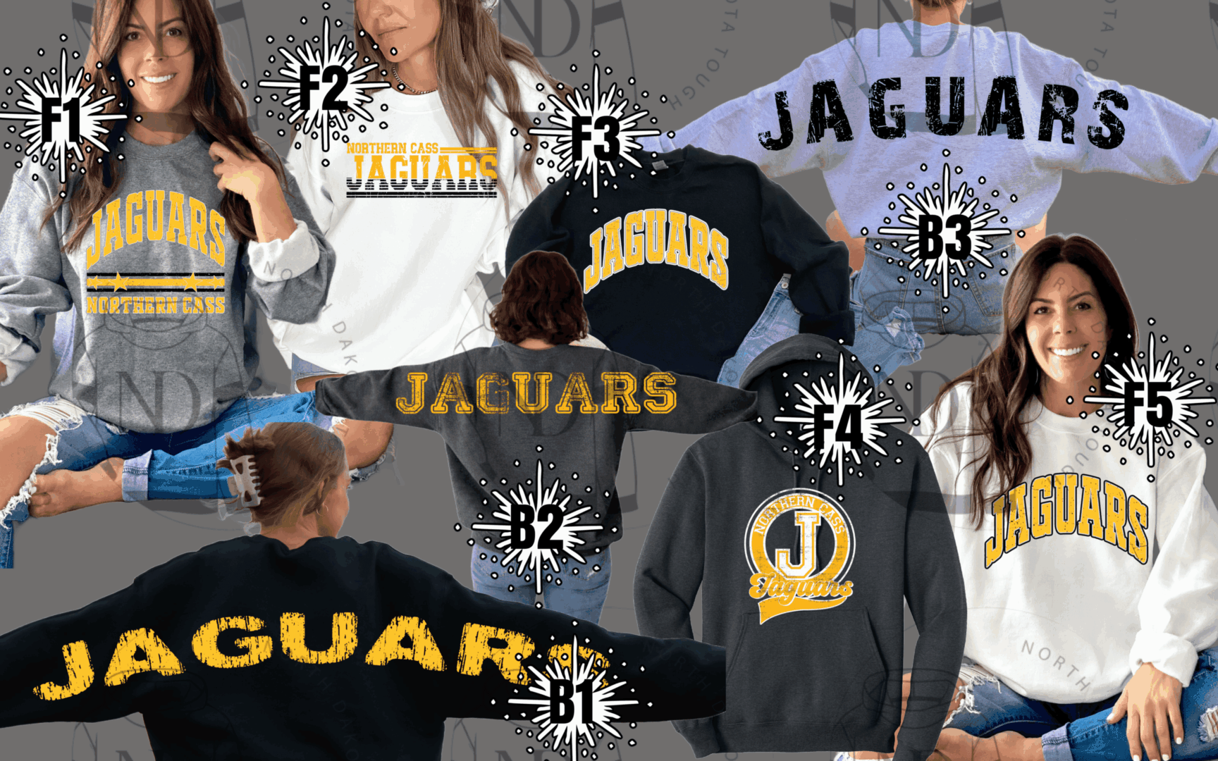 Jaguars sweatshirts collage in various colors