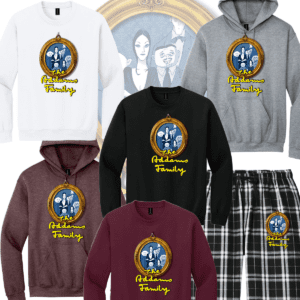 Assorted Addams Family sweatshirts and pajama pants