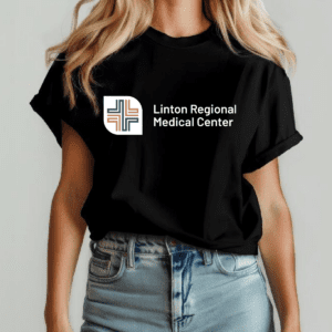 Woman wearing Linton Regional Medical Center t-shirt