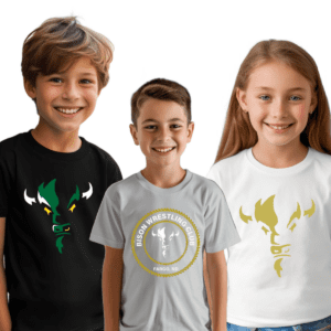 Three smiling children wearing bison logo shirts