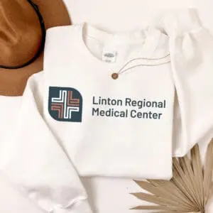 White sweatshirt with Linton Regional Medical Center logo