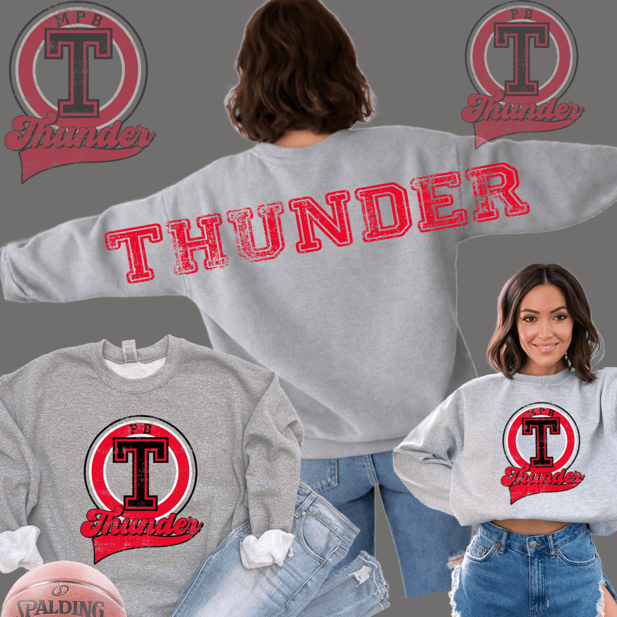 Gray crewnecks featuring red Thunder logo