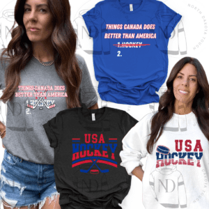 Women wearing USA hockey graphic t-shirts