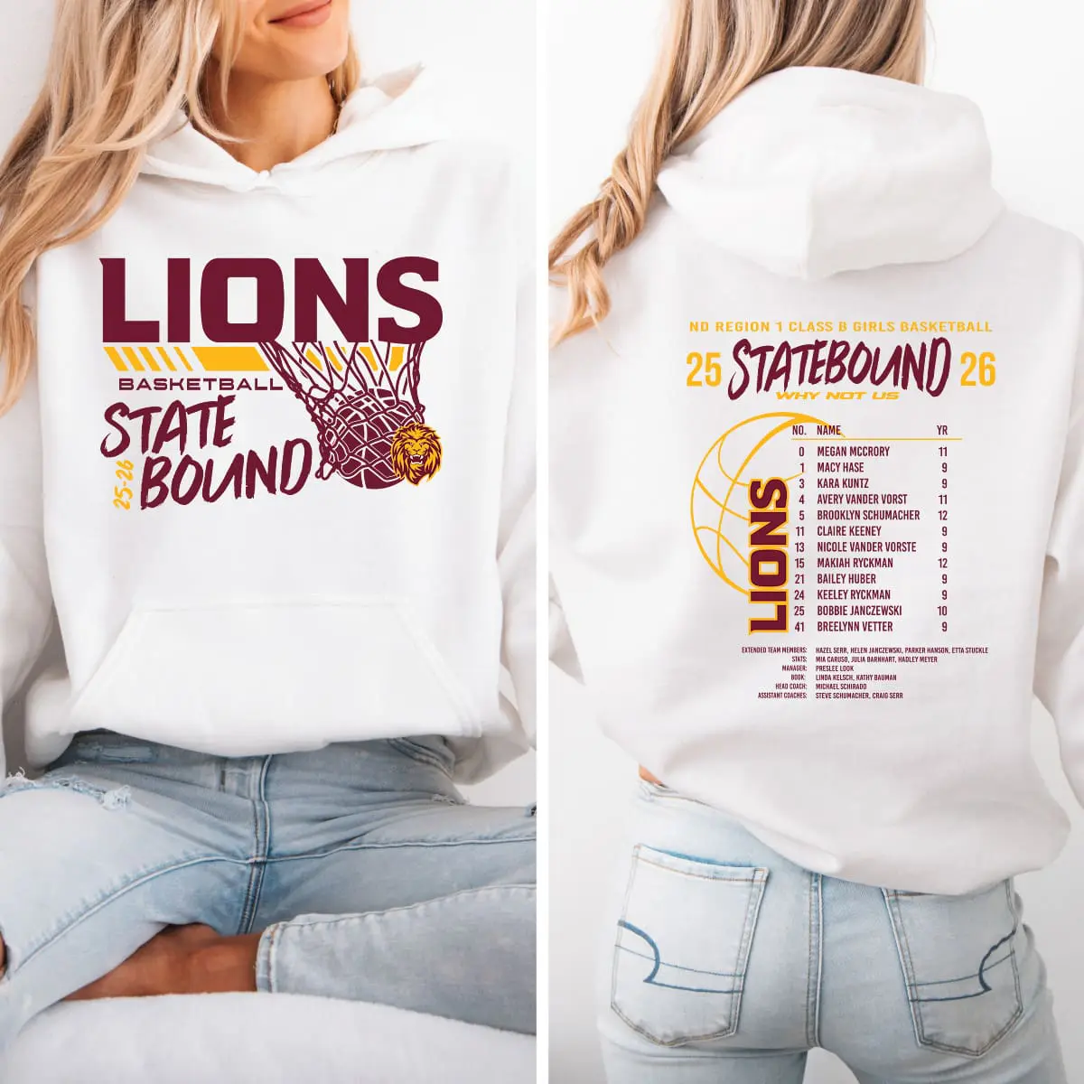 White hoodie with maroon Lions basketball graphics