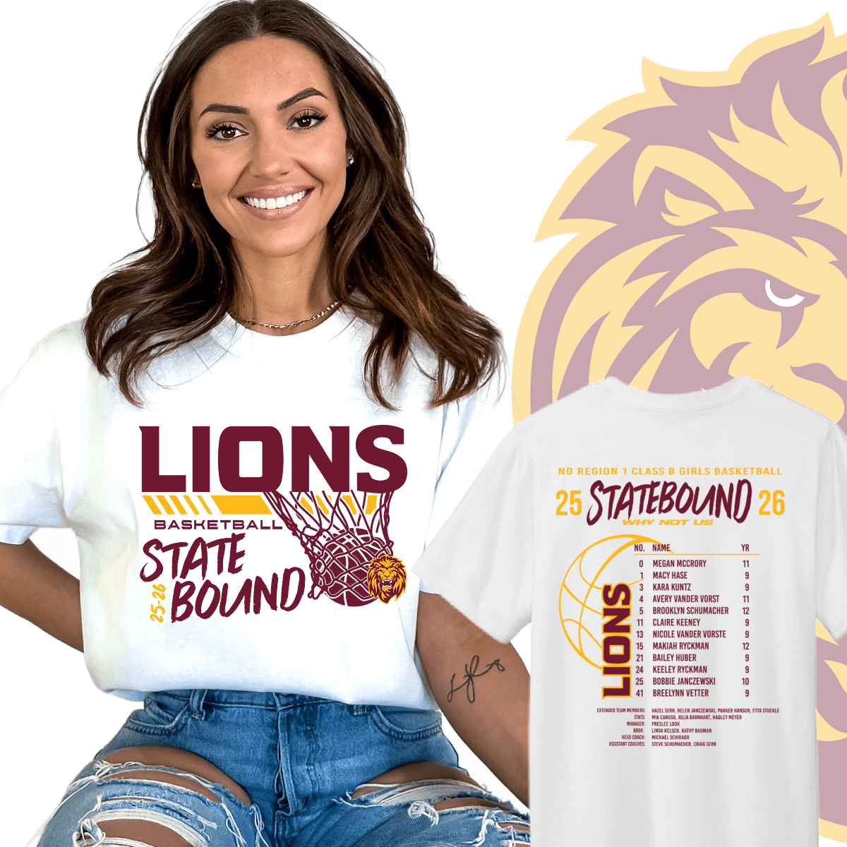 Smiling woman in Lions basketball state-bound shirt