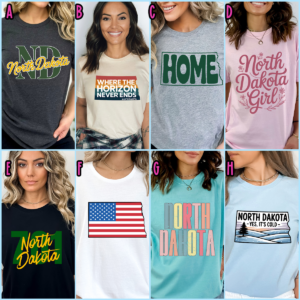 Collage of eight North Dakota graphic t-shirts