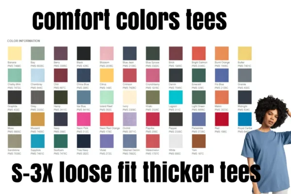 Color chart and model in blue tee.