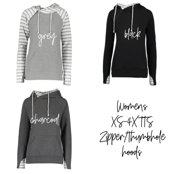 Three women's hoodies in different colors.