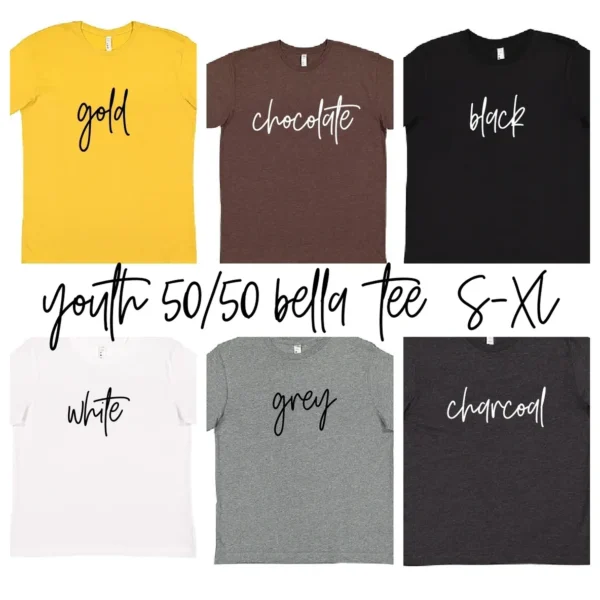 Youth t-shirts in various colors and sizes.