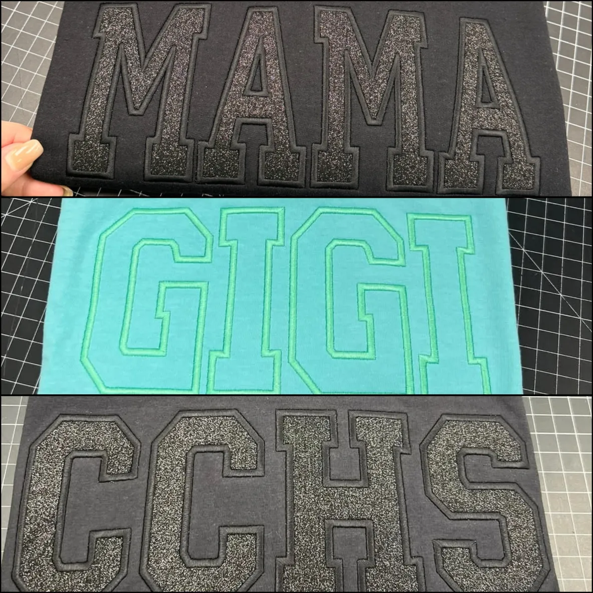 Black and teal fabric with bold letters.