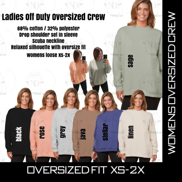 Women's oversized crew sweaters in various colors.
