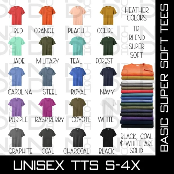 Colorful unisex T-shirts in various shades.
