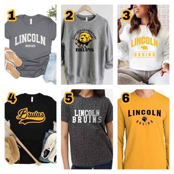 Lincoln Bruins t-shirts in various designs.