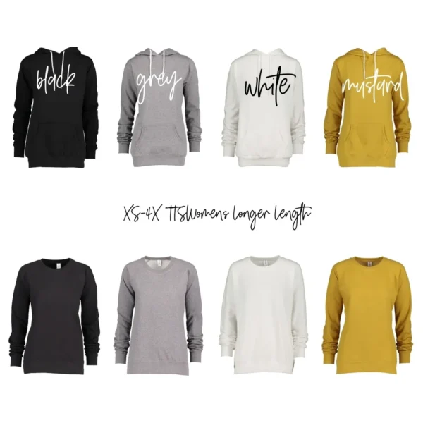 Various colored women's hoodies and sweatshirts.