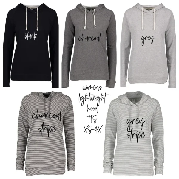 Women's lightweight hoodies in five colors.