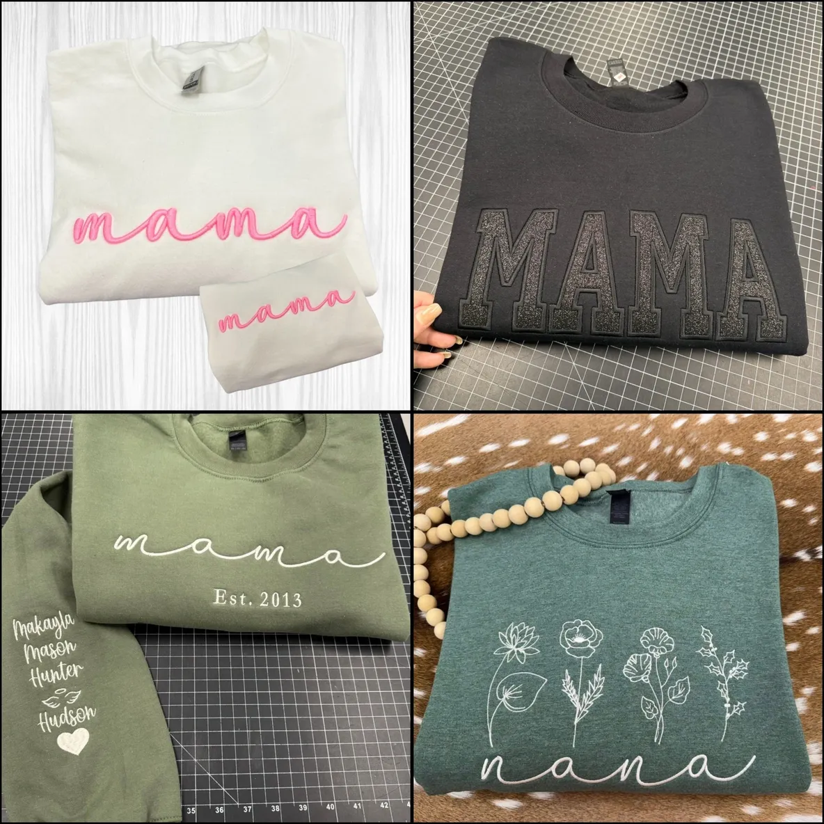 Four sweatshirts with "mama" and "nana" designs.