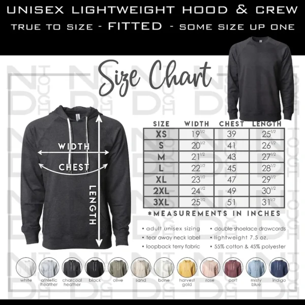 A chart showing the size of different hoods and crew.