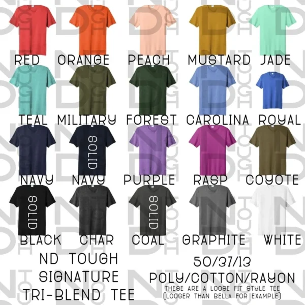A color chart of different colors and sizes.