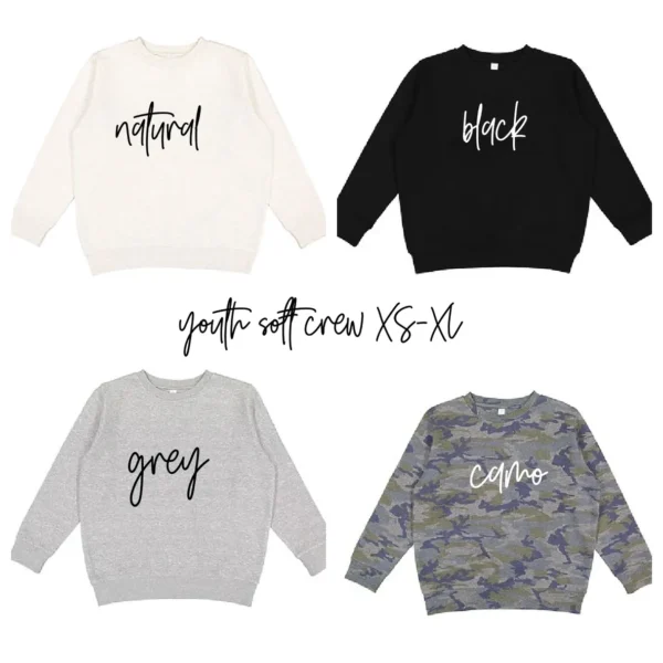 A group of four different colored sweatshirts.