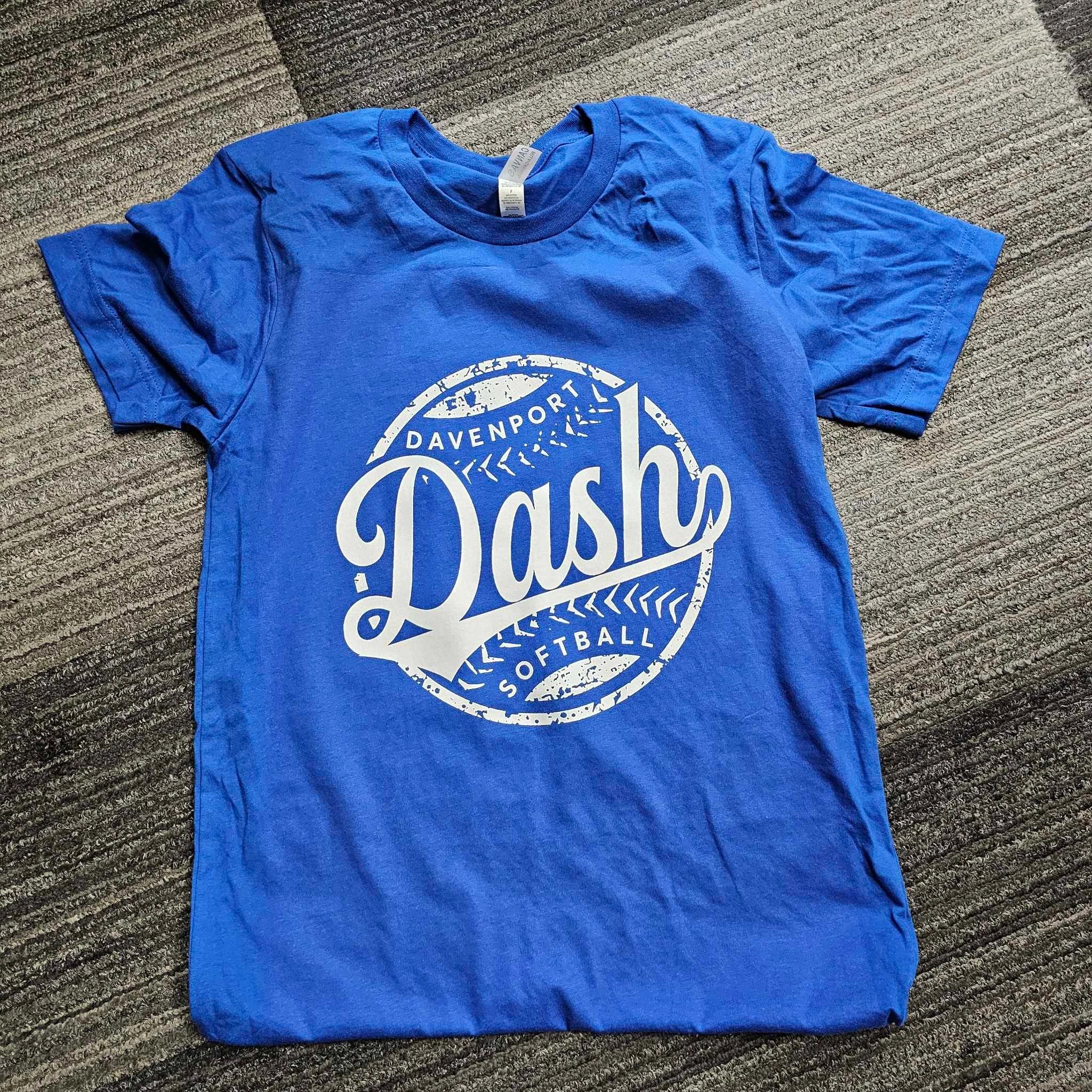 A blue shirt with the word dash on it.