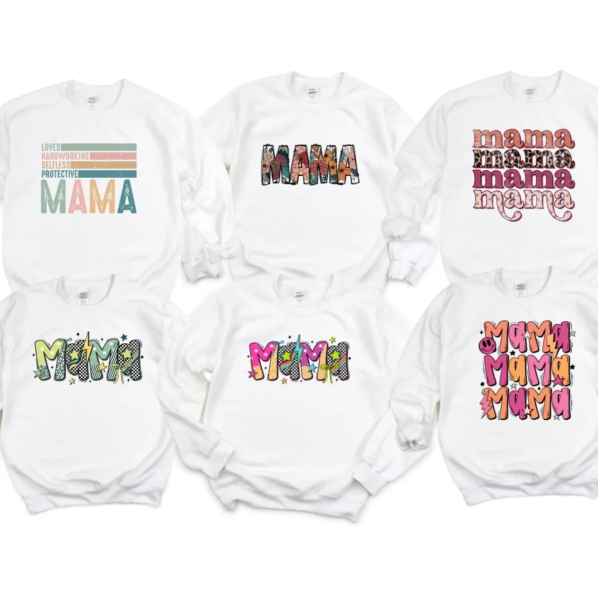 Six white shirts with different designs on them.