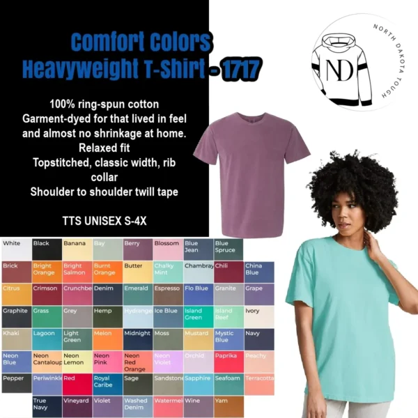 A color chart of comfort colors heavyweight t-shirts.