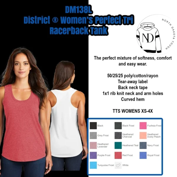 A woman wearing a tank top with text that reads " dm 1 3 0 5 district 4 women 's perfect tri razorback tank ".
